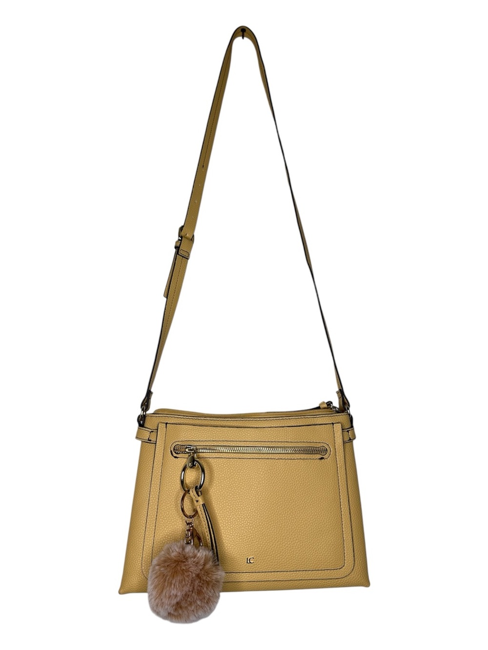 Liz Claiborne Mustard Leather Crossbody Bag with Pom Pom Charm